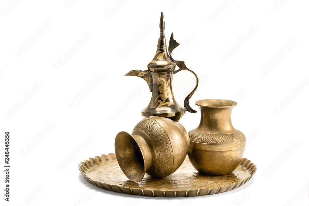 Three Indian Brass Vases on Dish Isolated Three Indian Brass Vases on Dish Isolated