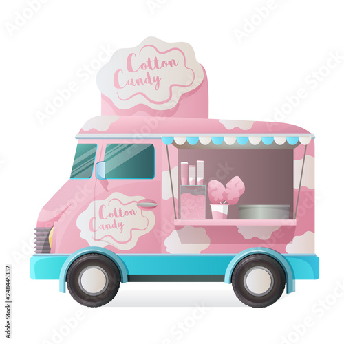 Street van, shop truck counter, with sweet cotton dessert.