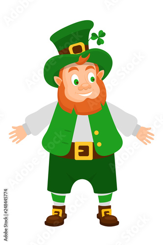 Funny Irish fantastic character, leprechaun spreading his arms to side.