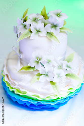 White and blue birthday cake with nice flowers for girl and decorations for party