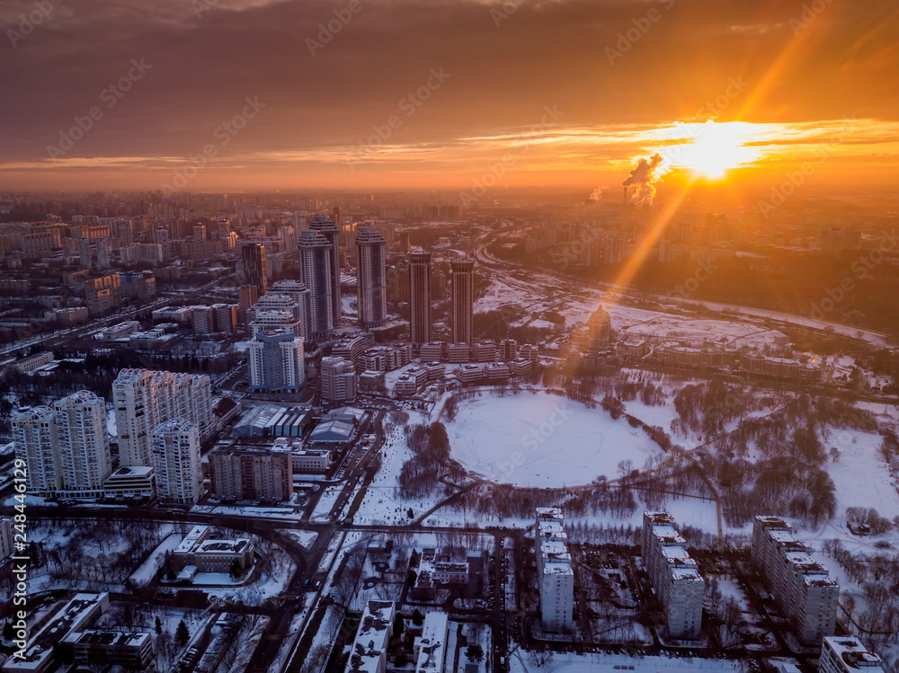 The view from the height of the panorama of winter Moscow in the evening. 