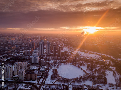 The view from the height of the panorama of winter Moscow in the evening. 