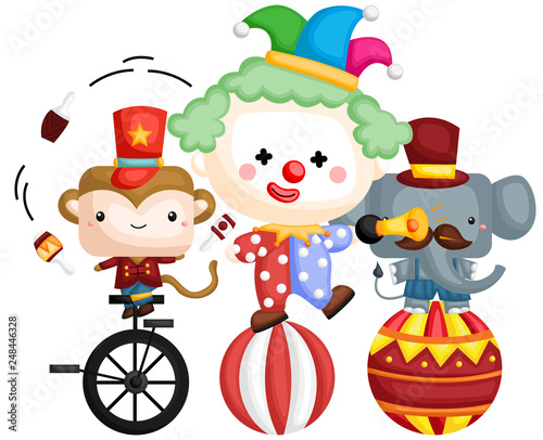 a vector of a clown on top of a ball with animals beside it