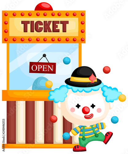 a vector of a clown juggling in front of a ticket booth