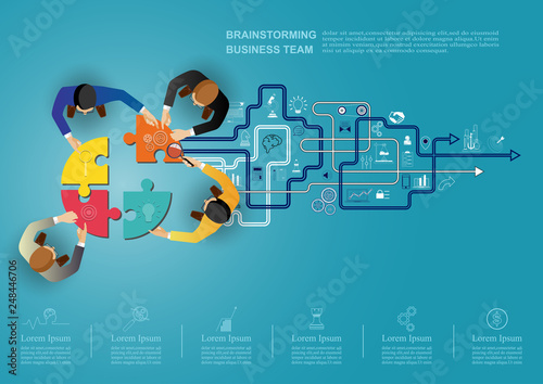 Business meeting and brainstorming. Idea and business concept for teamwork. Vector illustration infographic template with people, team, light bulb and icon.Print