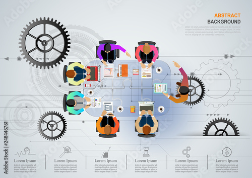 Business meeting and brainstorming. Idea and business concept for teamwork. Vector illustration infographic template with people, team, light bulb and icon.Print