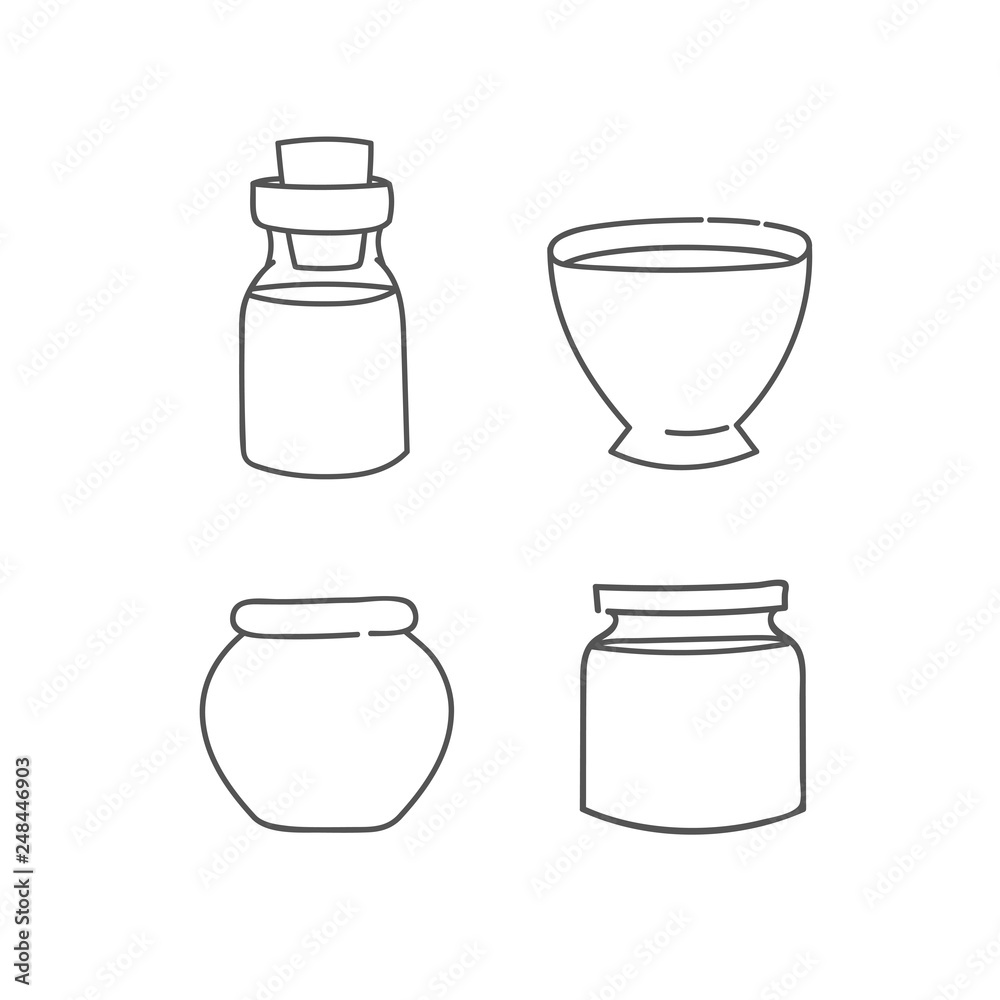 Glass bottle jar bowl and pot set of doodles Glass bottle jar bowl and pot set of doodles