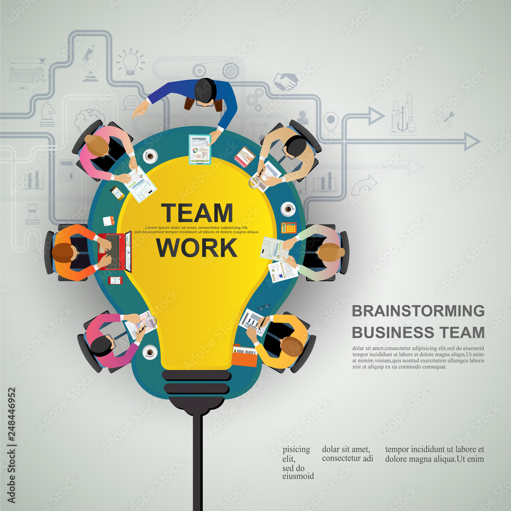 Business meeting and brainstorming. Idea and business concept for teamwork. Vector illustration infographic template with people, team, light bulb and icon.Print Business meeting and brainstorming. Idea and business concept for teamwork. Vector illustration infographic template with people, team, light bulb and icon.Print