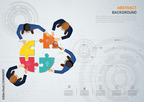 Business meeting and brainstorming. Idea and business concept for teamwork. Vector illustration infographic template with people, team, light bulb and icon.Print