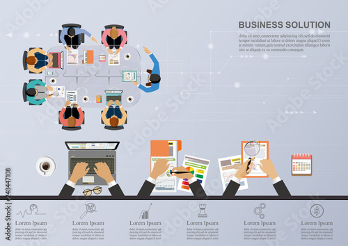 Business meeting and brainstorming. Idea and business concept for teamwork. Vector illustration infographic template with people, team, light bulb and icon.Print