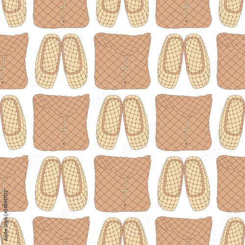 seamless pattern with Old Russian bast shoes and birch-bark baskets