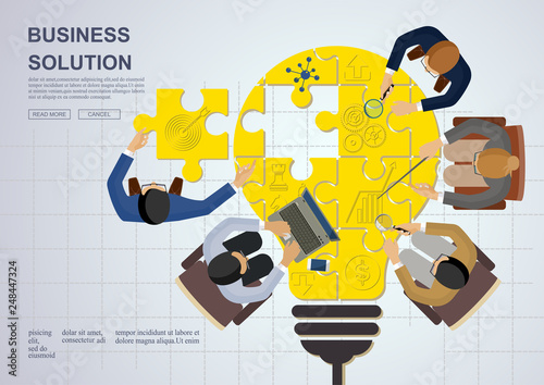Business meeting and brainstorming. Idea and business concept for teamwork. Vector illustration infographic template with people, team, light bulb and icon.Print
