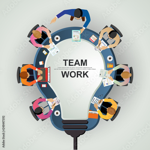 Business meeting and brainstorming. Idea and business concept for teamwork. Vector illustration infographic template with people, team, light bulb and icon.Print
