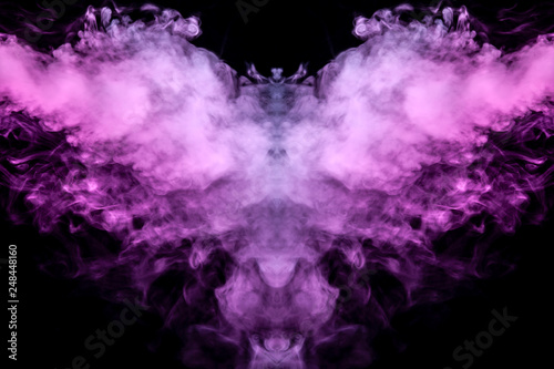 Abstract mystical bat silhouette straightened wings from streams of colorful smoke evaporating from a vape illuminated by neon lights on a black background. © Aleksandr Kondratov