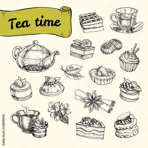 set of illustrations with tea and a variety of pastries and desserts with cream, fruit and berries. vector hand drawn illustration