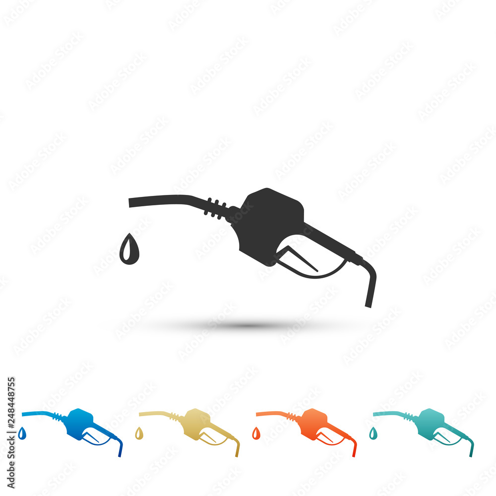 Obraz premium Gasoline pump nozzle icon isolated on white background. Fuel pump petrol station. Refuel service sign. Gas station icon. Set elements in color icons. Vector Illustration