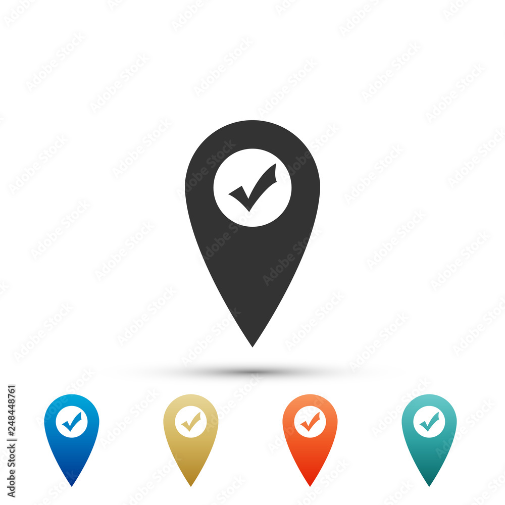 Map pointer with check mark icon isolated on white background. Marker location sign. Tick symbol. For location maps. Sign for navigation. Set elements in color icons. Vector Illustration
