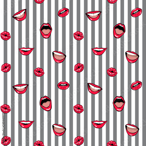 Seamless texture. Women's lips on a striped gray and white background. Vector illustration 