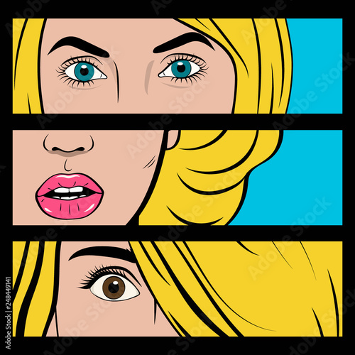 Poster in the style of pop art. Collage. Female eyes and lips close-up. Black frame. Vector illustration in comic style.