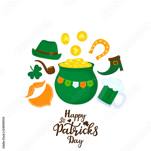 Happy St. Patrick's Day banner. A pot of gold, a leprechaun's beard, a horseshoe for good luck, a shamrock, a green hat