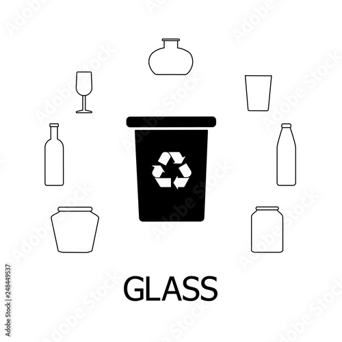 Collection of black and white icons of glass waste. Glass garbage and bin with recycling marc. Vector concept