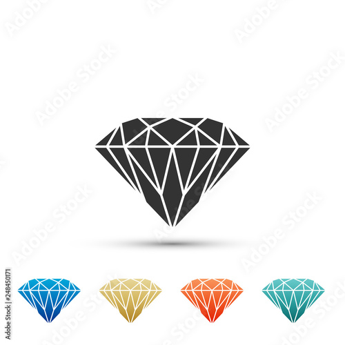 Diamond sign isolated on white background. Jewelry symbol. Gem stone. Set elements in color icons. Vector Illustration
