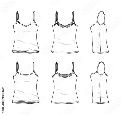 Blank clothing templates of women strapless top, camisole in front, side, back views. Vector illustration isolated on white background. Technical fashion drawing set.