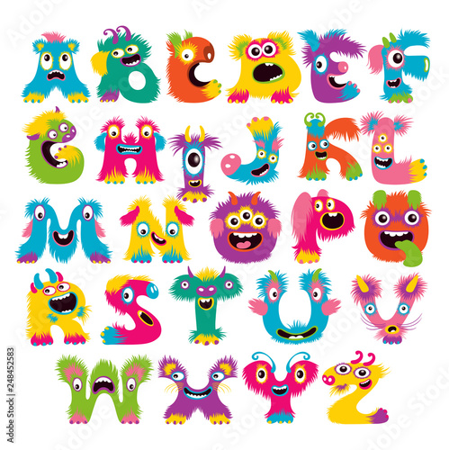 Cartoon children cute and funny monster alphabet