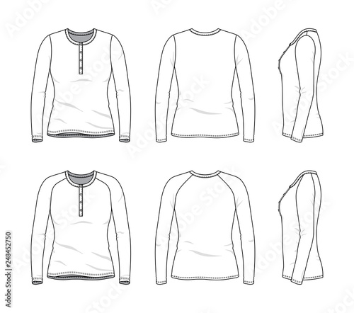 Blank clothing templates of women long sleeve button tee, shirt set in front, side, back views. Vector illustration isolated on white background. Technical fashion drawing set.