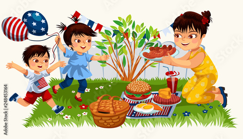 Cartoon red-haired mother carrying plate with tasty food