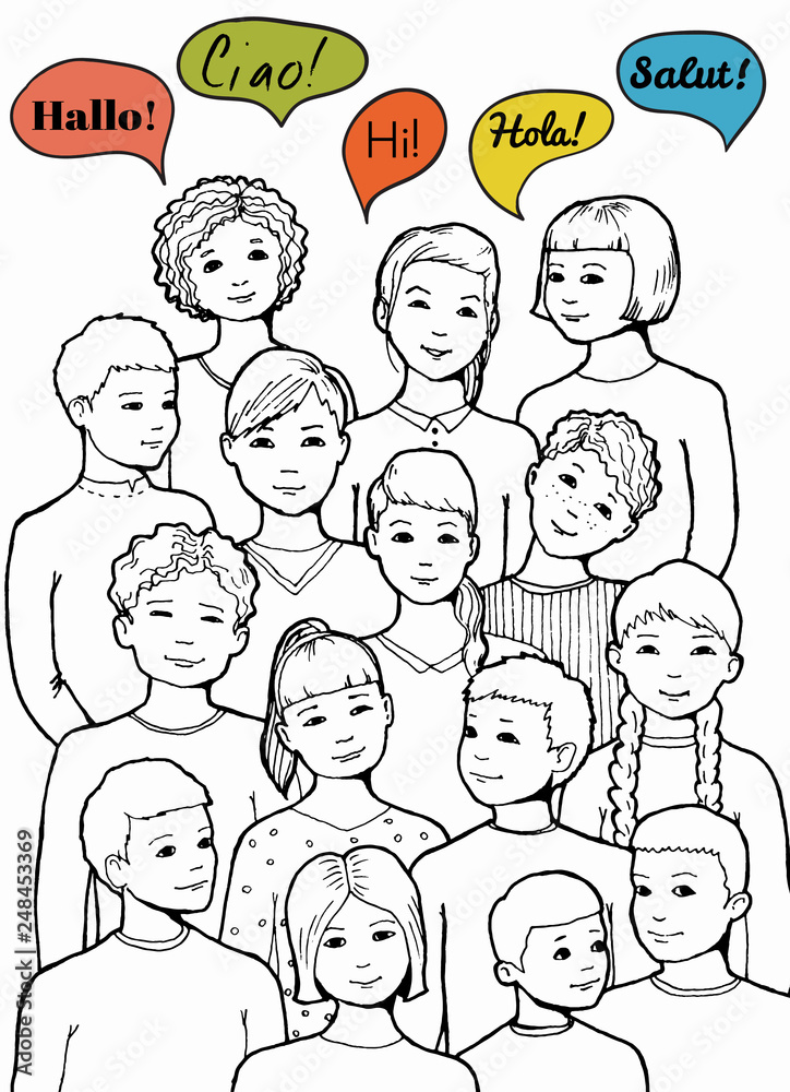 illustration of a group of Children and teenagers with speech clouds of different foreign languages. hand drawn vector illustration illustration of a group of Children and teenagers with speech clouds of different foreign languages. hand drawn vector illustration