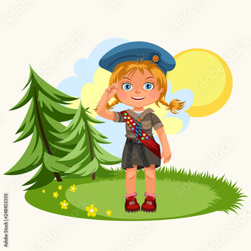 Beautiful girl saluting standing on green meadow