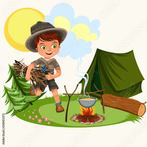 Cartoon young boy carrying firewood for fire to cook meal