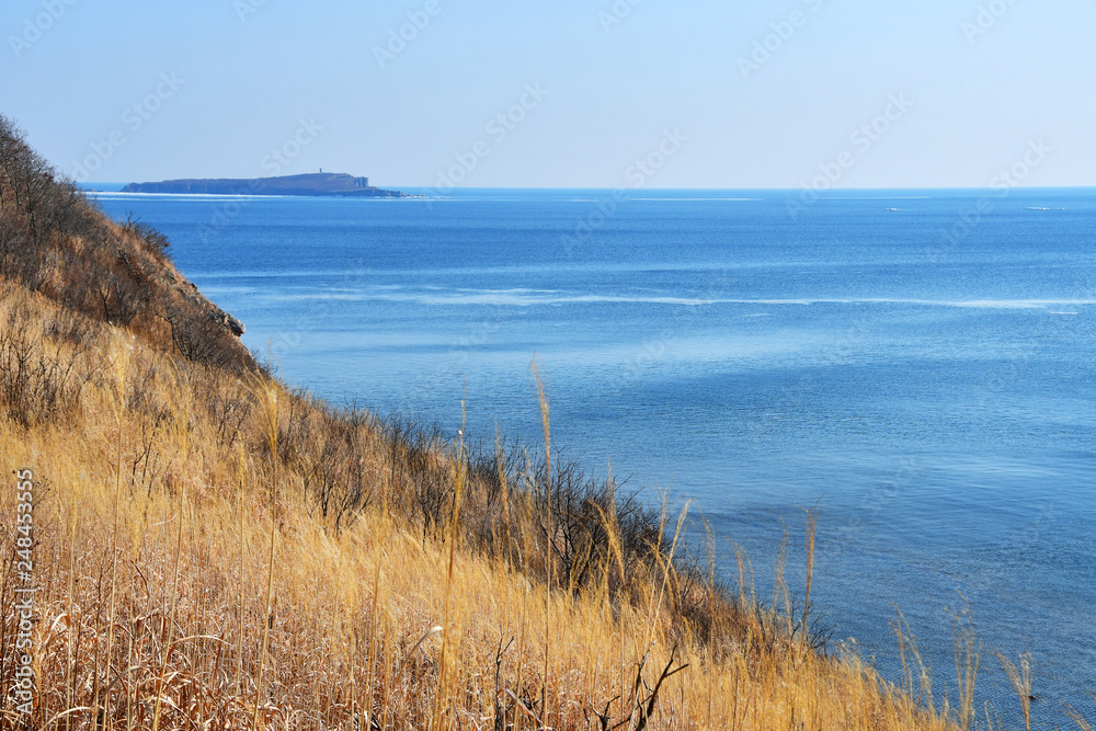 Russia, Vladivostok, Russkiy island. Coast of bay New Dzhigit and Cape of Tabizin in the background in winter Russia, Vladivostok, Russkiy island. Coast of bay New Dzhigit and Cape of Tabizin in the background in winter