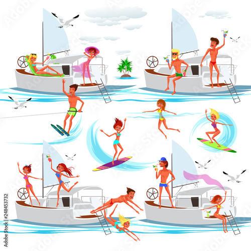 Set of happy adults with different summer activities