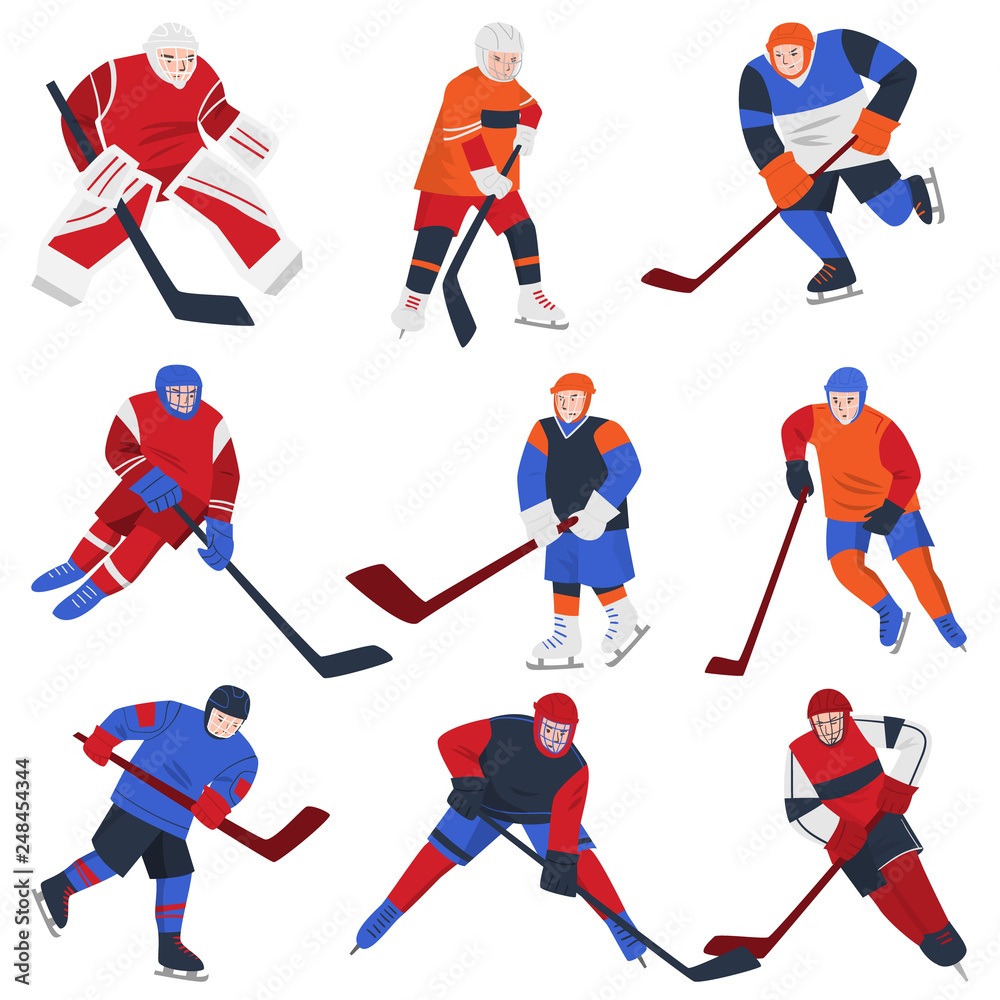 Fototapeta premium Set of hockey players with puck and putters isolated on white background
