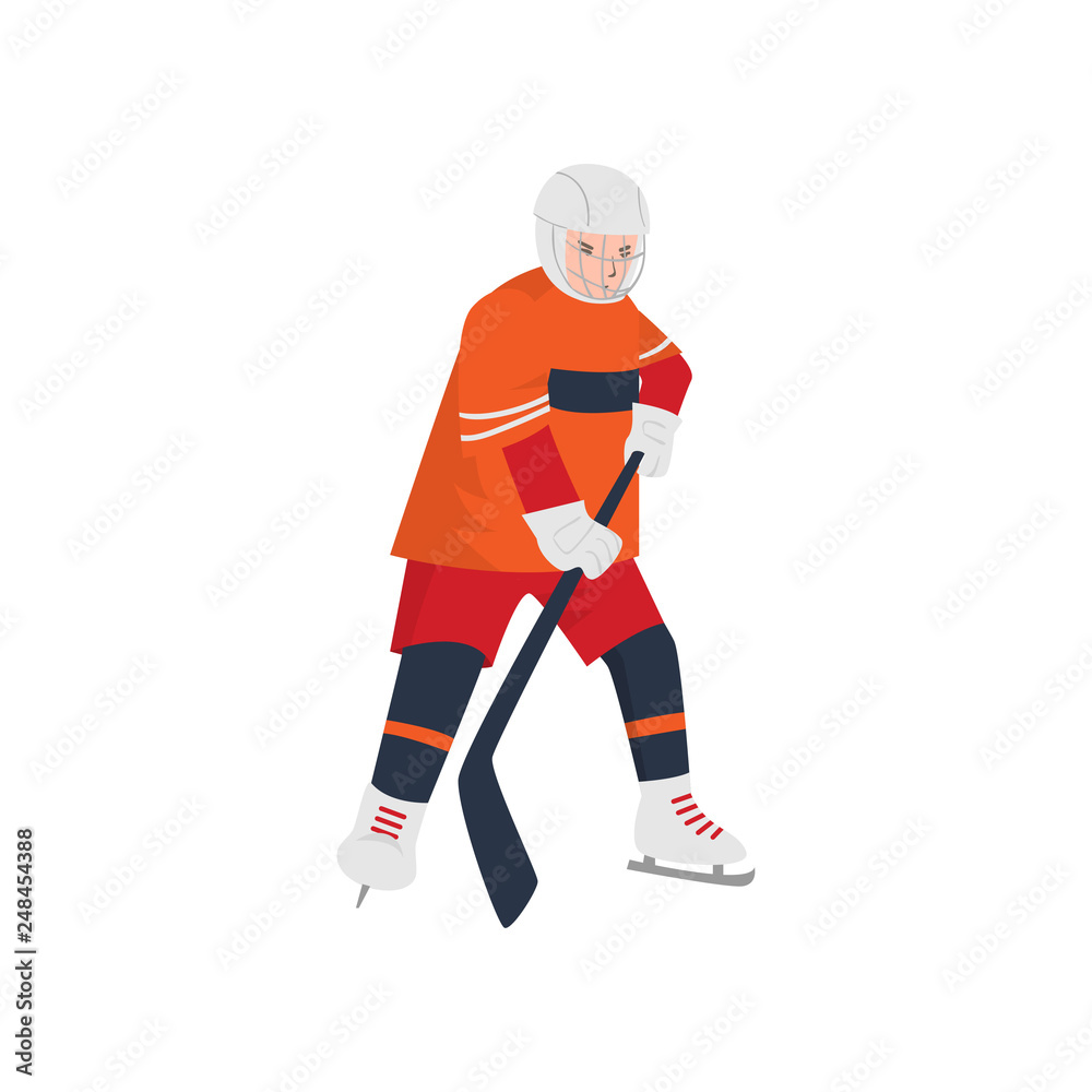 Fototapeta premium Brave hockey player in a red-orange uniform and a protective mask with a stick in his hands