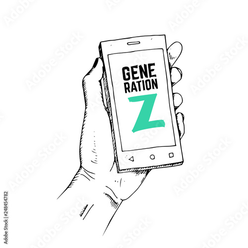 Generation Z concept. Drawn hand with smartphone. Vector illustration.