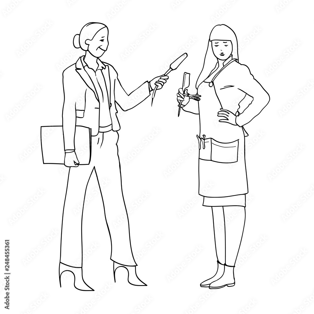 Set of black and white line drawings in the vector, female figures, women's profession Set of black and white line drawings in the vector, female figures, women's profession