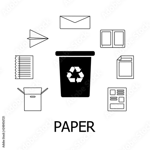 Collection of black and white icons of paper waste. Cardboard garbage and bin with recycling marc. Vector concept