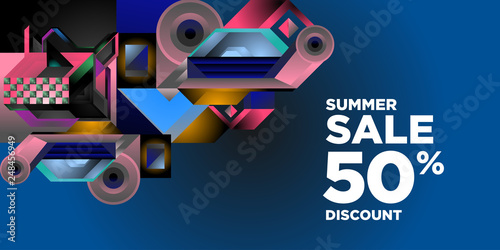 Summer Sale 50  Discount Banner with Colorful Abstract Geometric Background Pattern