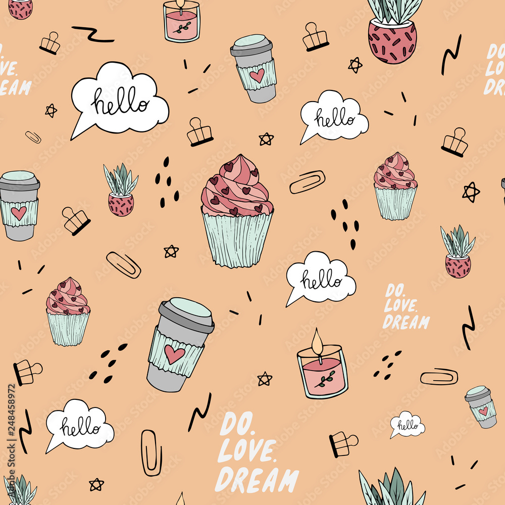 Hygge seamless pattern with cupcake illustration. Scandinavian trendy illustrational with coffee, candle, plant, stars. Peach vector background. Good fabric design and wrapping paper