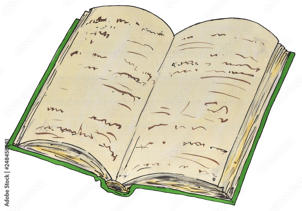 Green, open book, watercolor illustration, drawing Stock Illustration