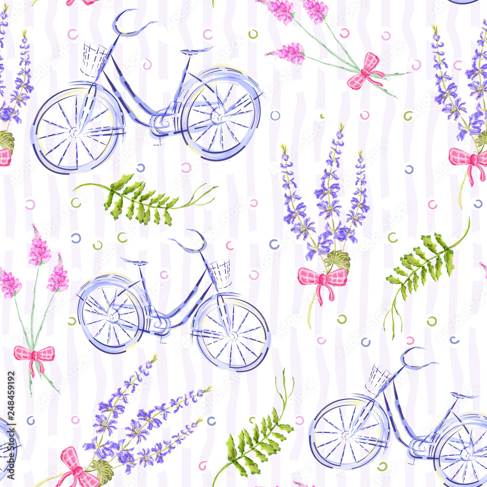 Hand-drawn seamless pattern with the image of a bicycle, plants and lavender. Textile summer pattern fow girls. Wintage lavender flower. Provance fabric. Clothes print. Wallpaper design watercolor.