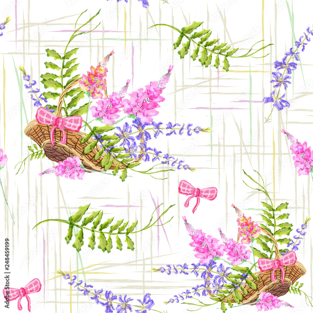 Fototapeta Hand-drawn seamless pattern with the image of a basket with lavender and wildflowers