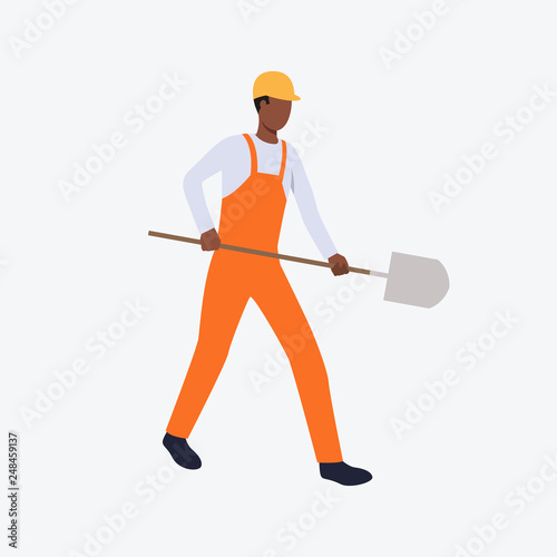 Builder carrying spade flat icon. Shovel, worker