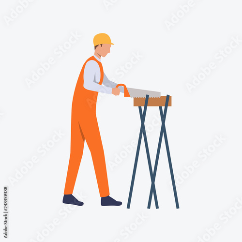 Carpenter with hand saw flat icon