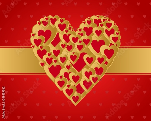 Red Valentine greeting with a heart composed of small gold hearts with gold ribbon middle on a red heart background 