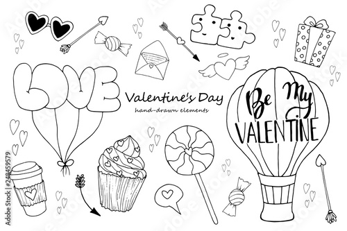 Monochrome and cute vector set for Valentine's Day. A lot of cartoon elements for valentine day designs: letter, candy, cupcake, lock and key, present box, hearts, lollipop, polaroid cards and others.