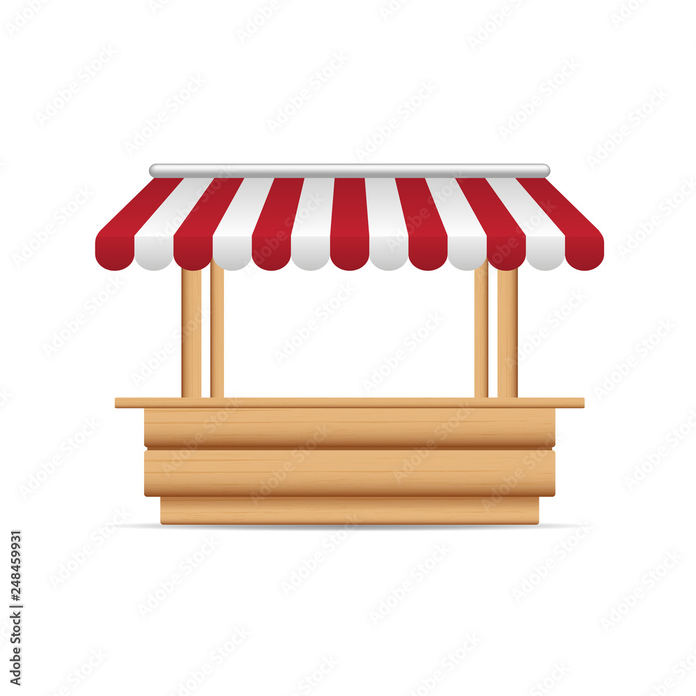 Wooden market stand stall with red and white sunshade. Mock up of wooden counter with canopy for street trading, wooden counter, kiosk, stand. Vector illustration. Wooden market stand stall with red and white sunshade. Mock up of wooden counter with canopy for street trading, wooden counter, kiosk, stand. Vector illustration.